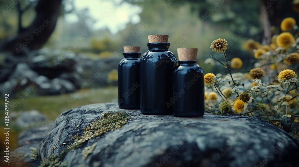 Three Dark Glass Bottles with Cork Stoppers Resting on a Mossy Rock in a Forest Setting Three Dark Glass Bottles with Cork Stoppers Resting on a Mossy Rock in a Forest Setting
