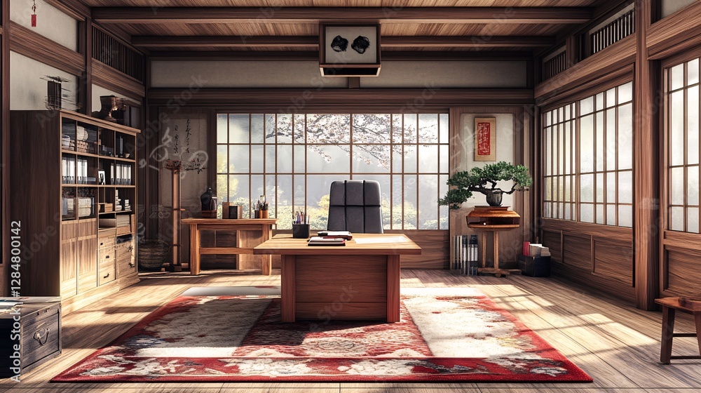 Obraz premium Tranquil Japanese-Style Home Office with Garden View