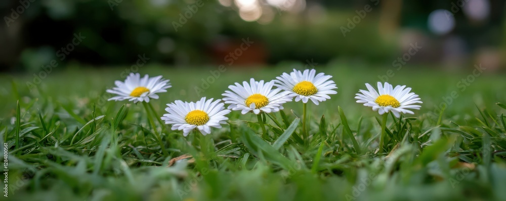 Fototapeta premium Close-up of white daisies with yellow centers blooming in green grass