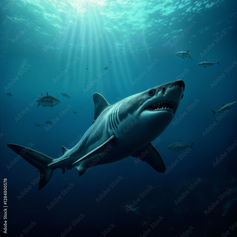 Fototapeta premium Great White Shark Swimming in the Deep Ocean