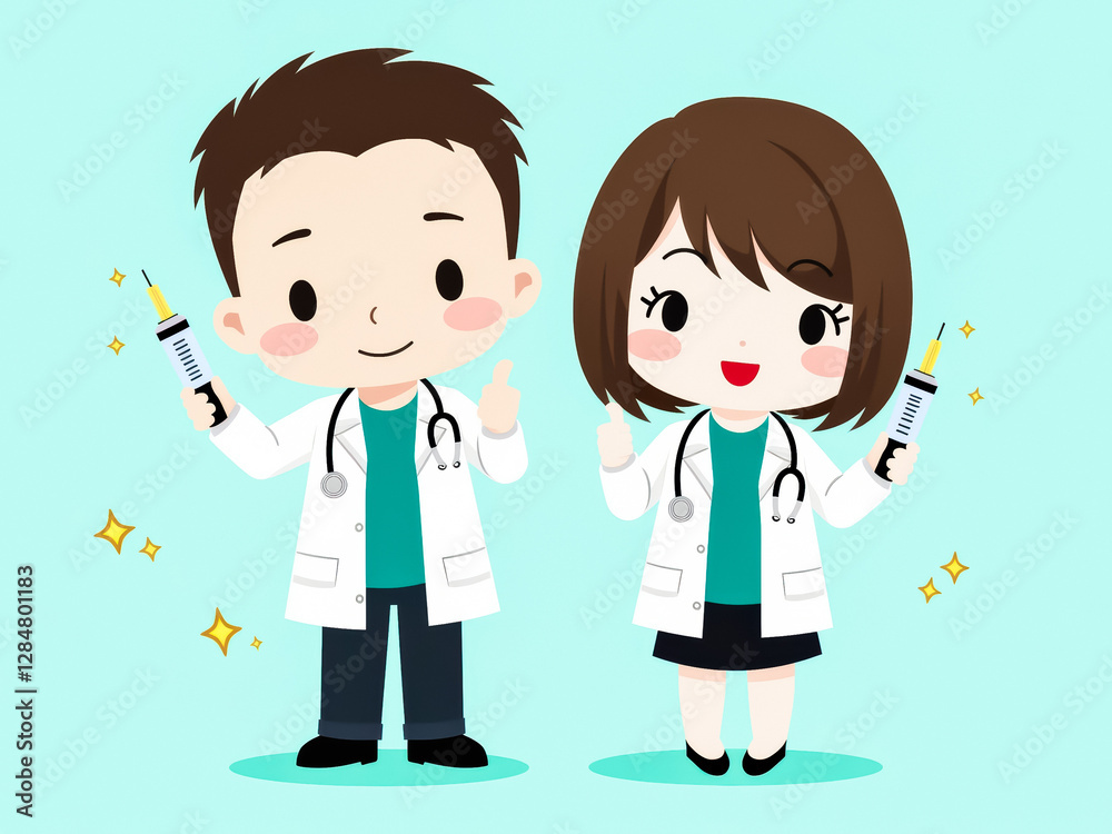 two smiling doctors in white coats hold syringes showcasing and medical care two smiling doctors in white coats hold syringes showcasing and medical care