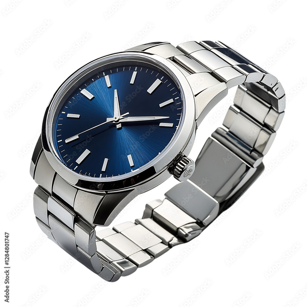 A Mens Watch with Stainless Steel Band and Dark Blue Dial Isolated on Transparent Background A Mens Watch with Stainless Steel Band and Dark Blue Dial Isolated on Transparent Background