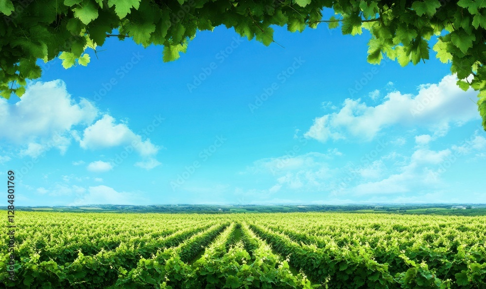 Lush green vineyard under a clear blue sky, softly illuminated to emphasize the vibrant rows of grapevines and their organic beauty Lush green vineyard under a clear blue sky, softly illuminated to emphasize the vibrant rows of grapevines and their organic beauty