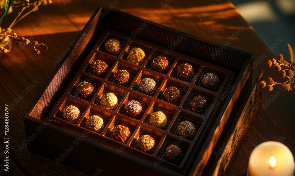 Delicious truffle chocolates neatly arranged in a box, illuminated by warm light highlighting their rich textures and gourmet appeal Delicious truffle chocolates neatly arranged in a box, illuminated by warm light highlighting their rich textures and gourmet appeal