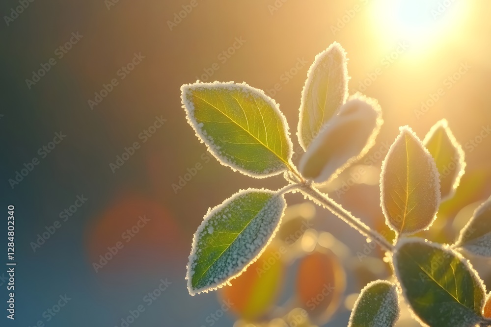 Macro Shot of Frost Covered Leaves Illuminated by Early Morning Light Macro Shot of Frost Covered Leaves Illuminated by Early Morning Light