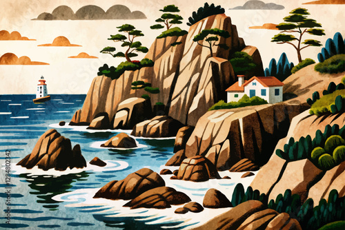 tropical rocky beach with plants and home at sunset time landscape abstract cartoon illustration