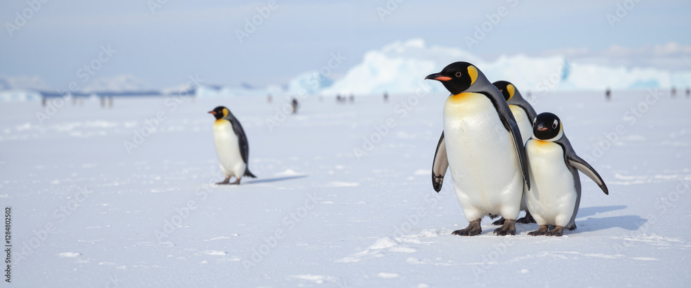 Obraz premium Emperor penguins standing on the icy landscape, portraying a serene and cold ambiance, while interacting with their chicks against the backdrop of snow and icebergs