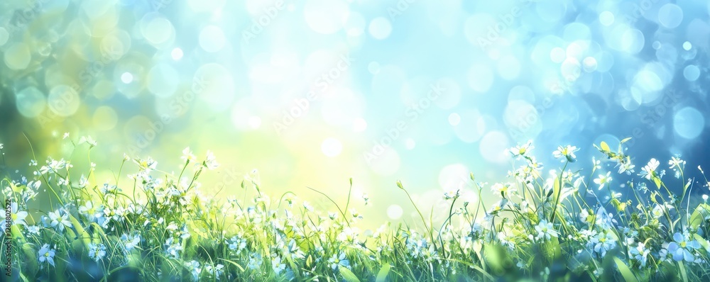 Sunlit meadow with blooming white flowers and soft bokeh in pastel green landscape Sunlit meadow with blooming white flowers and soft bokeh in pastel green landscape