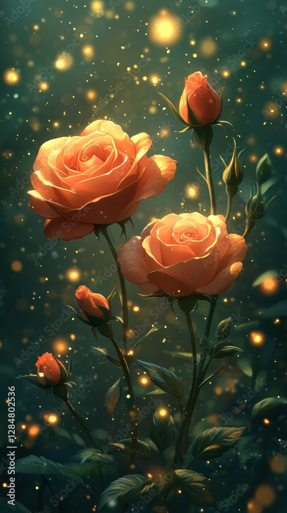 Obraz premium Beautiful pink roses on green background with floating petals in soft sunlight. Space for text