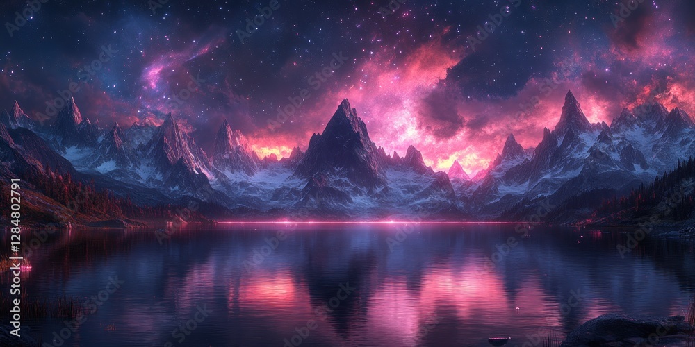 Fototapeta premium Celestial Mountainscape: A Nighttime Panorama of Majestic Peaks and Starry Skies Reflecting on a Serene Lake