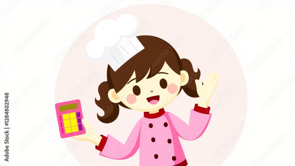 cheerful young girl chef holds a pink calculator dressed in a pink uniform and chef's hat cheerful young girl chef holds a pink calculator dressed in a pink uniform and chef's hat