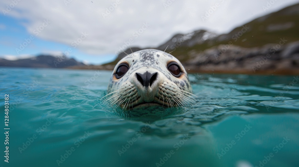 Fototapeta premium Harbor Seal Emerging from Water, Mountains in Background