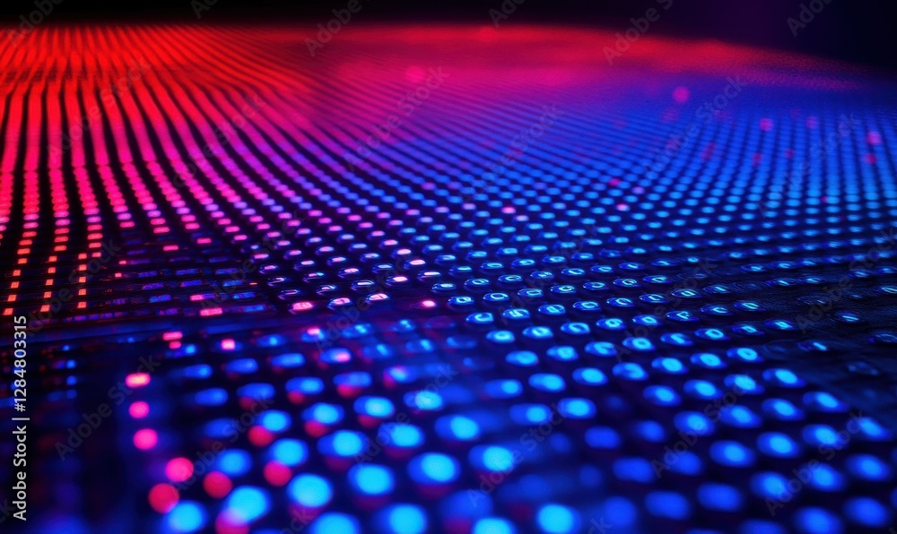 Digital grid with glowing data points in vibrant blue and red hues, futuristic technology theme with dynamic motion, advanced cyber network concept, bold colors Digital grid with glowing data points in vibrant blue and red hues, futuristic technology theme with dynamic motion, advanced cyber network concept, bold colors
