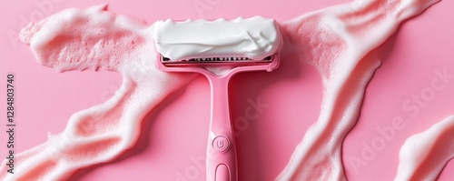 Pink razor with shaving foam on pink background - personal care and grooming concept