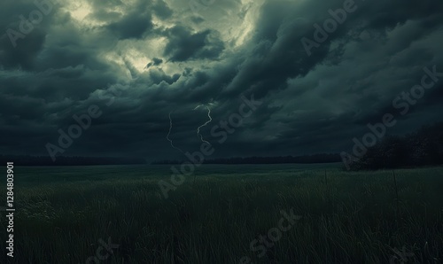 Dramatic shot of a stormy sky over an open field, dark clouds illuminated by distant lightning, moody and intense atmospher photo