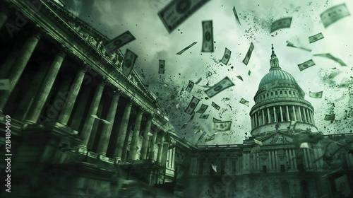 Flying dollar bills against the iconic Capitol building backdrop in eerie green tones, symbolizing financial corruption and economic turmoil in American politics.
