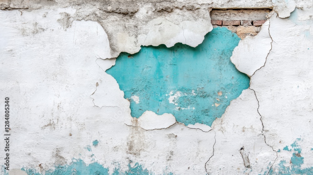 Obraz premium A weathered white wall with torn patches and holes revealing a bright cyan background