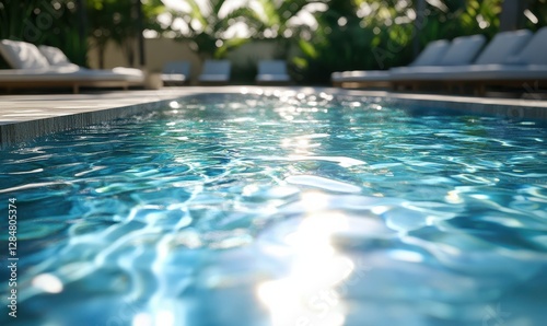Luxurious outdoor pool with clear blue water, surrounded by tropical plants and modern lounge furniture, bright sunlight creating a refreshing and serene atmosphere,