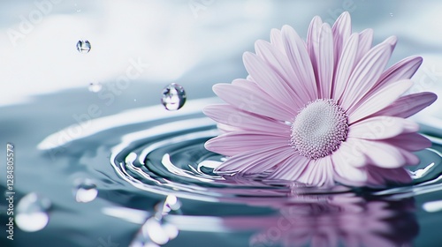  A pink flower atop water with droplets beneath