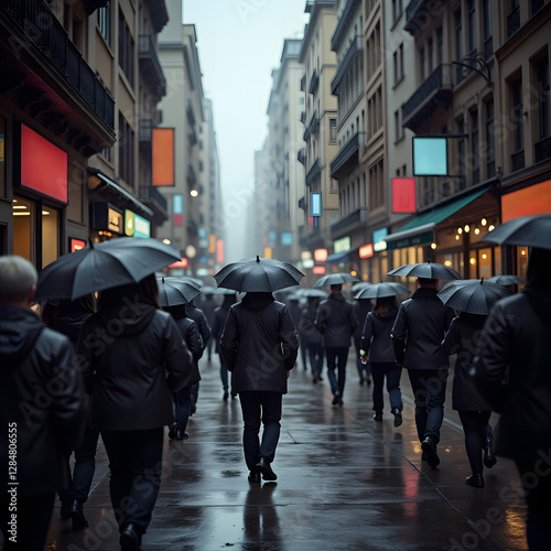 Crowded urban street with people using umbrellas on a rainy day