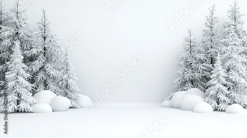 Snowy fir trees, minimalist white room, winter scene, virtual background, holiday