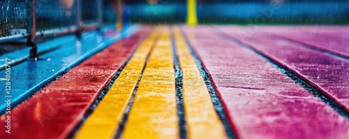 Colorful wet running track in the rain - red yellow blue lines outdoors photo