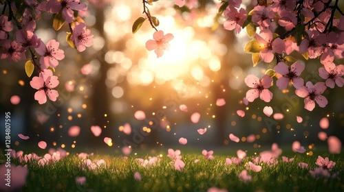 Spring blossoms falling sunset meadow