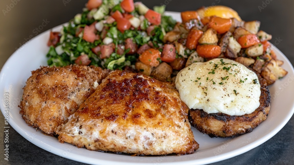 Delicious brunch plate fried eggs, chicken, potatoes, salad Delicious brunch plate fried eggs, chicken, potatoes, salad