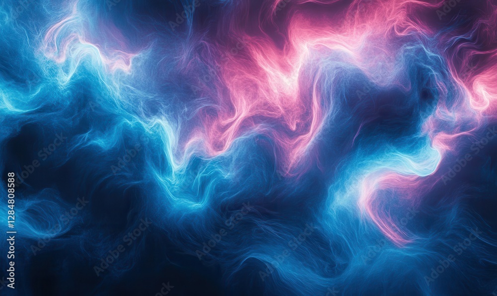 Obraz premium Dynamic abstract rendering of swirling blue and pink waves resembling cosmic clouds, glowing softly for a magical feel