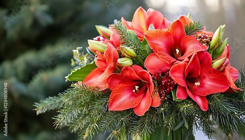 Festive bouquet with vibrant amaryllis flowers and holiday greenery.