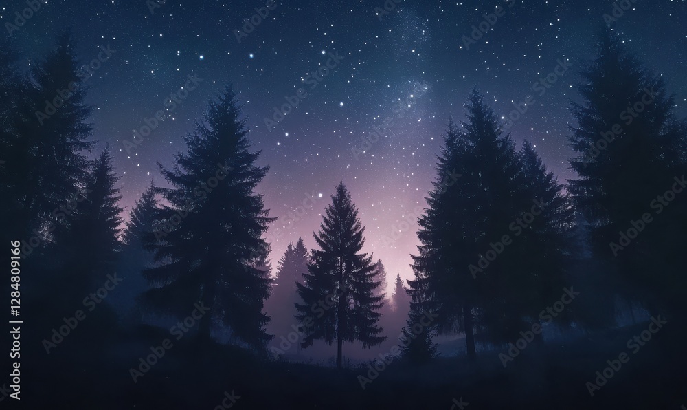 Enchanting starry forest scene with tall silhouetted trees and a glowing night sky filled with radiant stars, evoking a magical fairytale atmosphere, Enchanting starry forest scene with tall silhouetted trees and a glowing night sky filled with radiant stars, evoking a magical fairytale atmosphere,