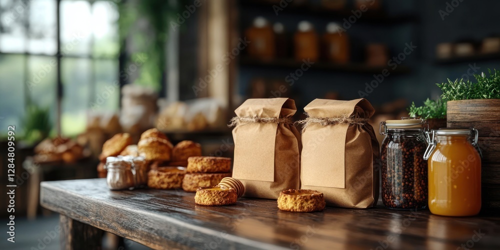 Fototapeta premium Artisan Bakery Goods and Honey Display: Rustic Charm in a Cozy Shop