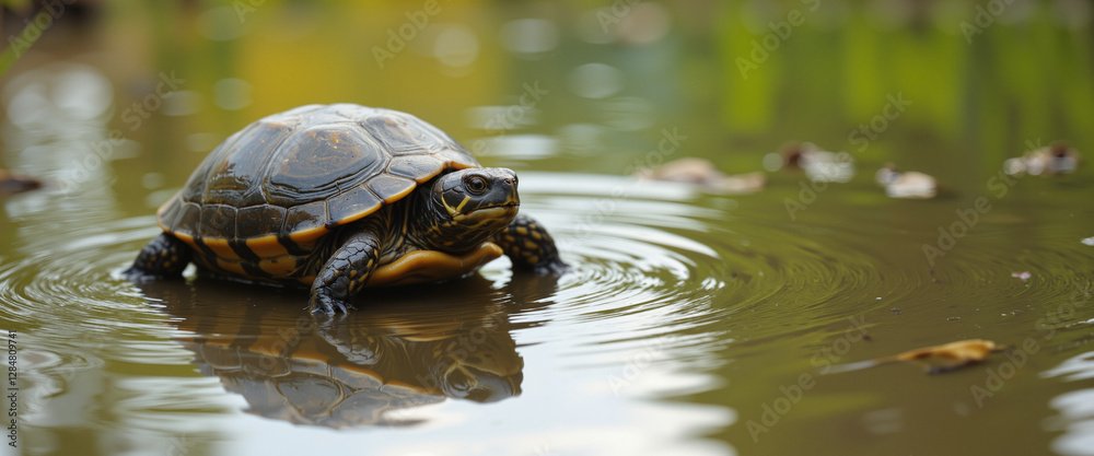 Fototapeta premium Turtle traversing calm water with ripples reflecting its colorful shell and surroundings evokes a serene atmosphere amidst lush green foliage