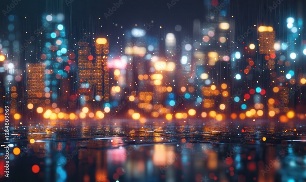 Fototapeta premium Dynamic cityscape at night with glowing lights reflecting on wet streets, softly illuminated to create a vibrant and urban atmosphere