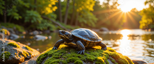 Turtle basking on a moss-covered rock by a serene river at sunset, radiating tranquility and natural beauty