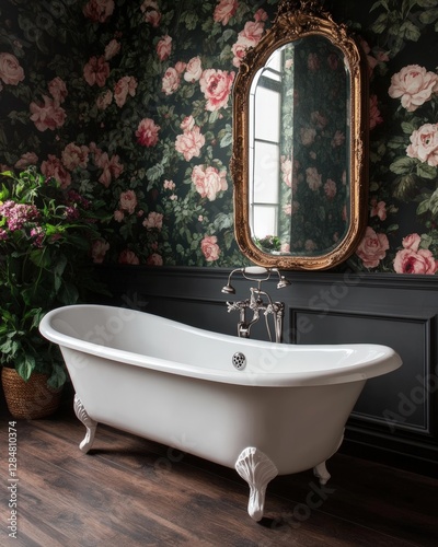 Vintage clawfoot bathtub in a dimly lit gothic bathroom with dark floral wallpaper and an ornate mirror
