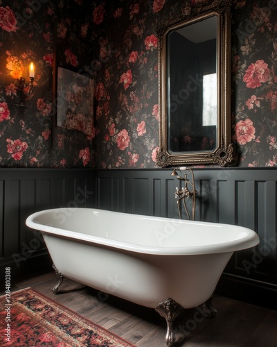 Vintage clawfoot bathtub in a dimly lit gothic bathroom with dark floral wallpaper and an ornate mirror
