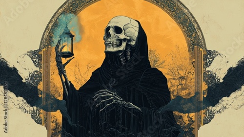 Dark fantasy illustration of a skeletal reaper in a black cloak holding a glowing lantern, surrounded by ornate gothic details