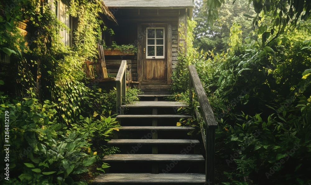 Rustic wooden staircase leading to a warm and inviting cottage, framed by lush greenery, evoking charm and simplicity. Rustic wooden staircase leading to a warm and inviting cottage, framed by lush greenery, evoking charm and simplicity.