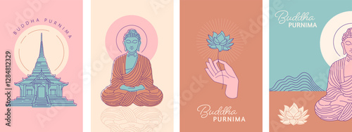 Buddha Purnima, Vesak Day concept design with Buddha and lotus illustration, abstract background, banner, poster and flyer