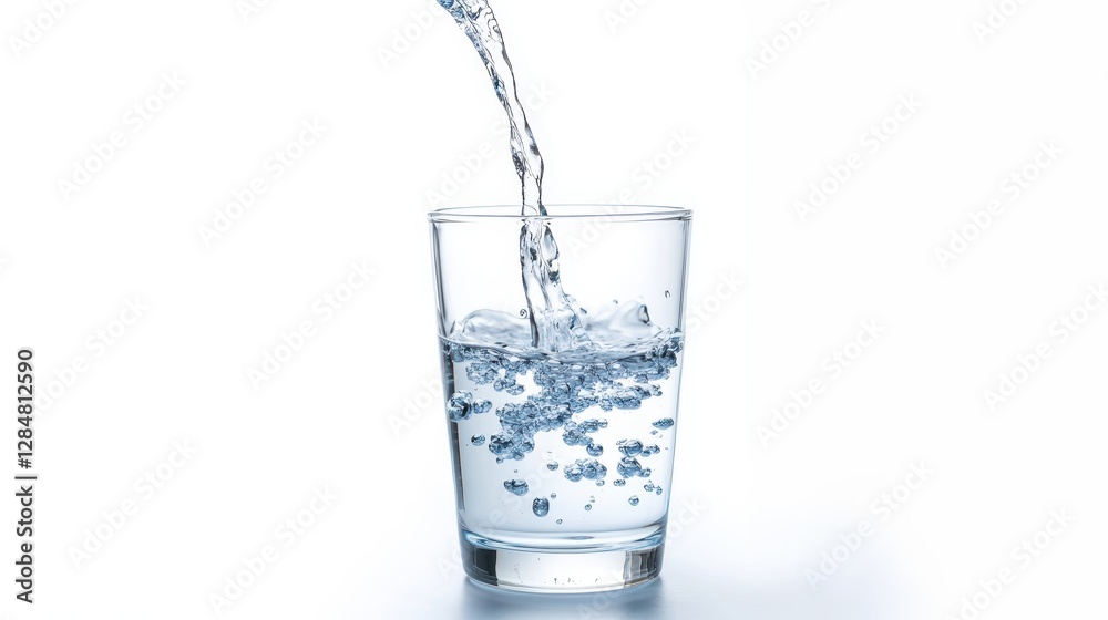 Pouring crystal clear water into glass, generating effervescent bubbles against pristine white background, symbolizing pure hydration and clean refreshment Pouring crystal clear water into glass, generating effervescent bubbles against pristine white background, symbolizing pure hydration and clean refreshment