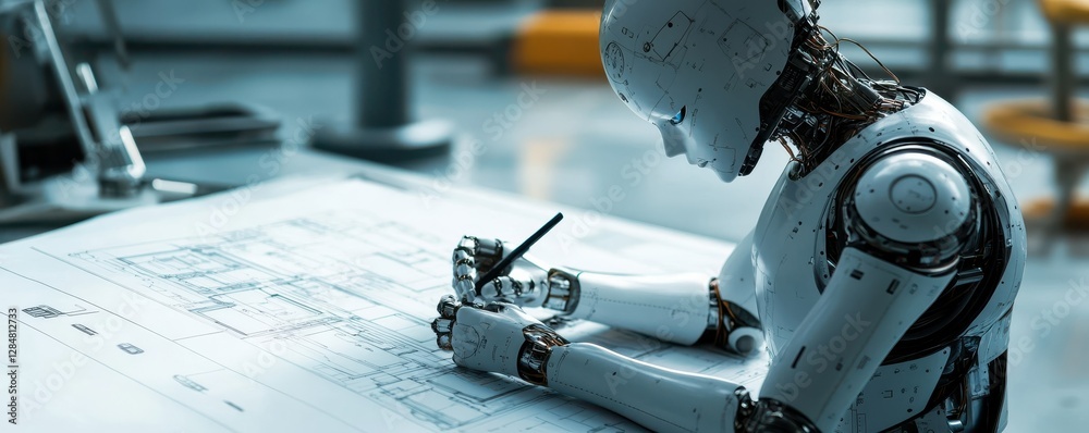 Fototapeta premium Advanced humanoid robot drafting architectural plans in futuristic workspace