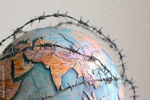 Global Barriers: A thought-provoking conceptual image featuring a globe encircled by barbed wire, symbolizing conflict, restriction, and division across the world.