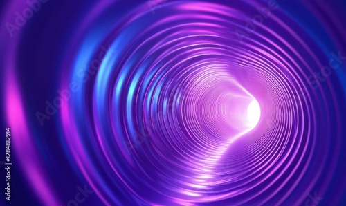 Minimalist futuristic tunnel in glowing purple and blue tones, straight lines creating a sense of infinite depth
