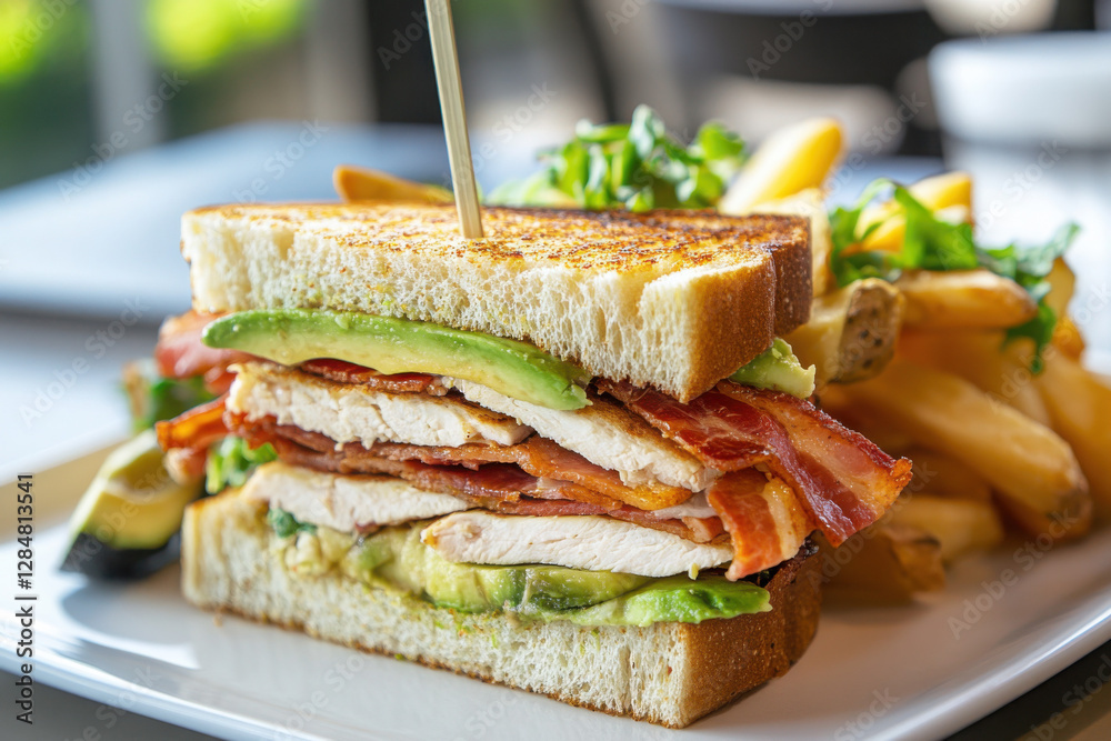 Delicious club sandwich with layers of turkey, bacon, and avocado served with crispy fries on a white plate, perfect for a satisfying meal. Delicious club sandwich with layers of turkey, bacon, and avocado served with crispy fries on a white plate, perfect for a satisfying meal.