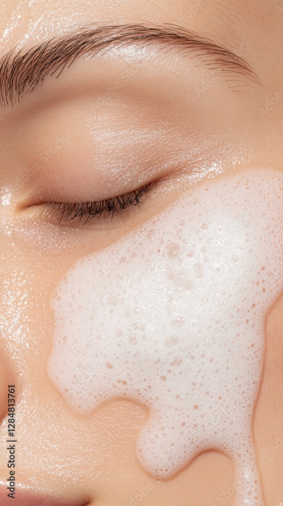 Fototapeta premium Cleansing foam cascading over woman's face, eyes closed, embodying delicate skincare ritual for luminous, healthy complexion