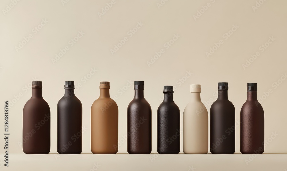 Matte brown bottles arranged in a minimalist composition, set against a soft neutral background, highlighting eco-friendly packaging design Matte brown bottles arranged in a minimalist composition, set against a soft neutral background, highlighting eco-friendly packaging design