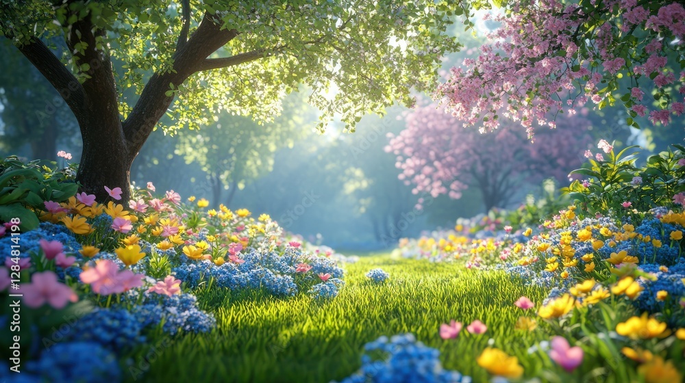 Obraz premium Sunlit Spring Flowers Path, Lush Forest