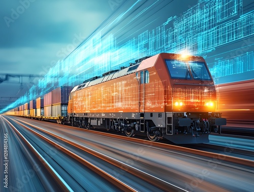 A Freight Train Journey: A high-speed freight train streaks along a digital track, its orange and blue hues contrasting in a dynamic display of transport and technology.