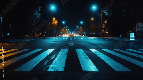 A pedestrian crossing at night illuminated by evenly spaced streetlights